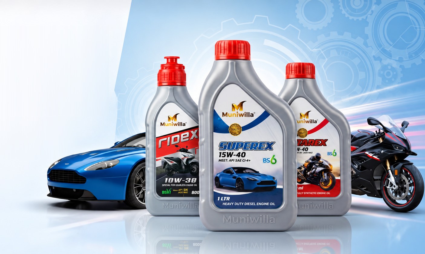 Muniwilla Superex, Ridex and Starex engine oil bottles with a car and a sports motorcycle